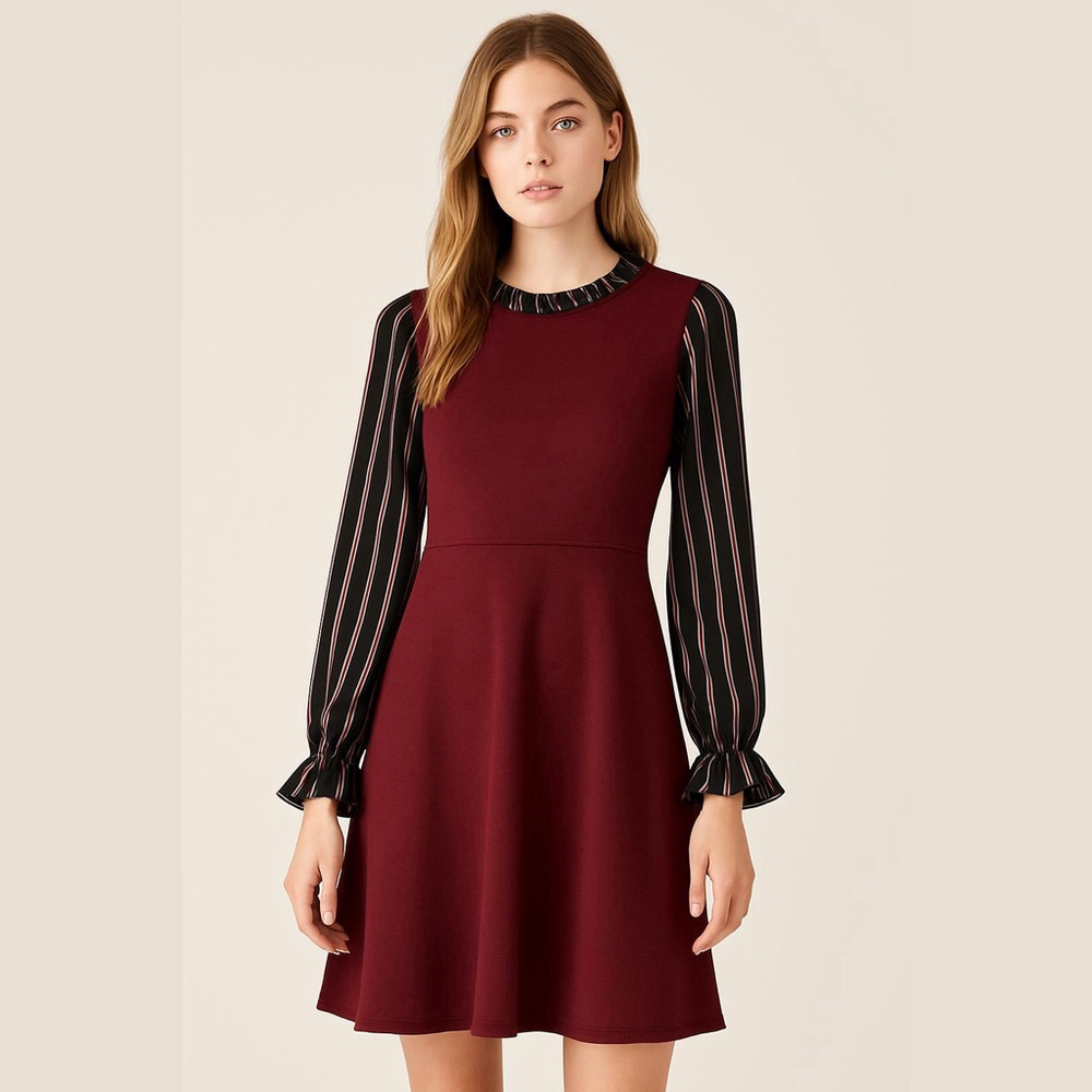 Bailey Blue Burgundy Black Navy Striped Long Sleeve Mini Dress M
